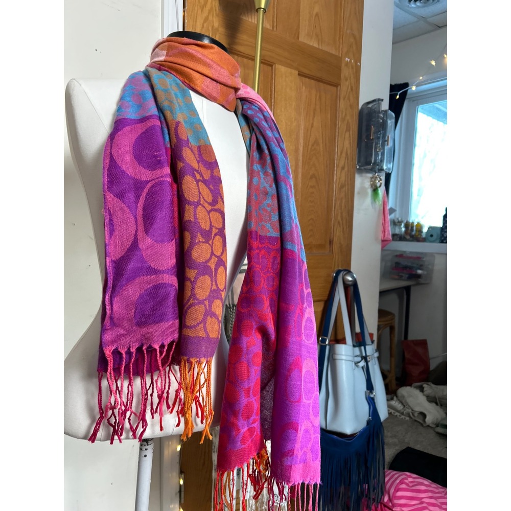 Y2K Coach Patchwork Signature Logo Scarf Purple Pink Orange Blue Fringe Jacquard - Picture 2 of 9